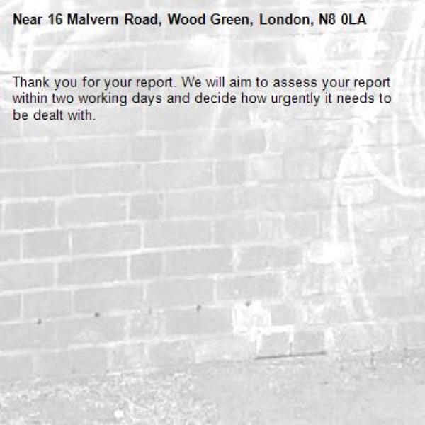 Thank you for your report. We will aim to assess your report within two working days and decide how urgently it needs to be dealt with.-16 Malvern Road, Wood Green, London, N8 0LA