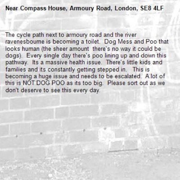 The cycle path next to armoury road and the river ravenesbourne is becoming a toilet.  Dog Mess and Poo that looks human (the sheer amount  there's no way it could be dogs).  Every single day there's poo lining up and down this pathway.  Its a massive health issue.  There's little kids and families and its constantly getting stepped in.   This is becoming a huge issue and needs to be escalated.  A lot of this is NOT DOG POO as its too big.  Please sort out as we don't deserve to see this every day. -Compass House, Armoury Road, London, SE8 4LF