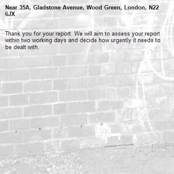 Thank you for your report. We will aim to assess your report within two working days and decide how urgently it needs to be dealt with.-35A, Gladstone Avenue, Wood Green, London, N22 6JX