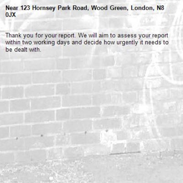 Thank you for your report. We will aim to assess your report within two working days and decide how urgently it needs to be dealt with.-123 Hornsey Park Road, Wood Green, London, N8 0JX