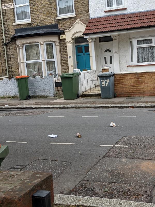 Rubbish that the bin men leave in the middle of the street when they collect the bins. They literally make our streets dirtier by doing this every time. This is a mild example. Please ask the bin men to empty the bins without littering our streets please. Many thanks -37 Caistor Park Road, Stratford, London, E15 3PT