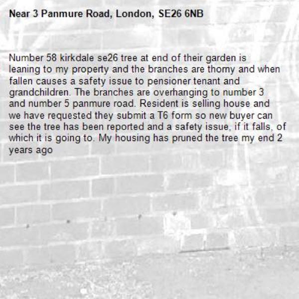 Number 58 kirkdale se26 tree at end of their garden is leaning to my property and the branches are thorny and when fallen causes a safety issue to pensioner tenant and grandchildren. The branches are overhanging to number 3 and number 5 panmure road. Resident is selling house and we have requested they submit a T6 form so new buyer can see the tree has been reported and a safety issue, if it falls, of which it is going to. My housing has pruned the tree my end 2 years ago-3 Panmure Road, London, SE26 6NB