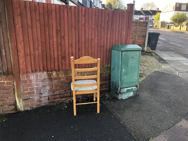 Junction of Dunkery Road. Please clear a dumped chair-92 Clayhill Crescent, Grove Park, London, SE9 4JB