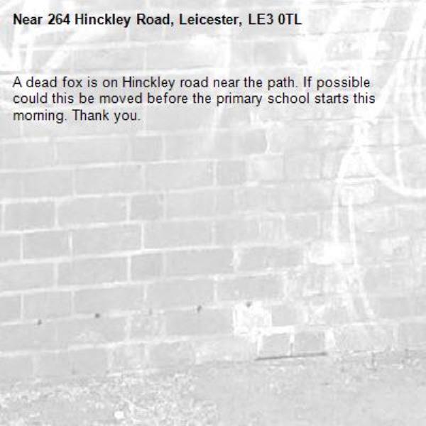 A dead fox is on Hinckley road near the path. If possible could this be moved before the primary school starts this morning. Thank you. -264 Hinckley Road, Leicester, LE3 0TL