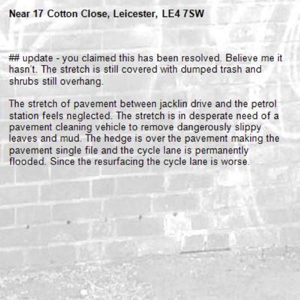 ## update - you claimed this has been resolved. Believe me it hasn’t. The stretch is still covered with dumped trash and shrubs still overhang. 

The stretch of pavement between jacklin drive and the petrol  station feels neglected. The stretch is in desperate need of a pavement cleaning vehicle to remove dangerously slippy leaves and mud. The hedge is over the pavement making the pavement single file and the cycle lane is permanently flooded. Since the resurfacing the cycle lane is worse. -17 Cotton Close, Leicester, LE4 7SW