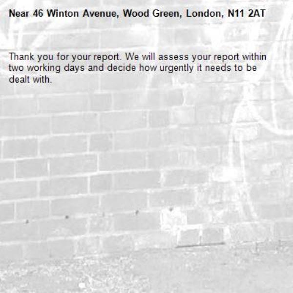 Thank you for your report. We will assess your report within two working days and decide how urgently it needs to be dealt with.-46 Winton Avenue, Wood Green, London, N11 2AT