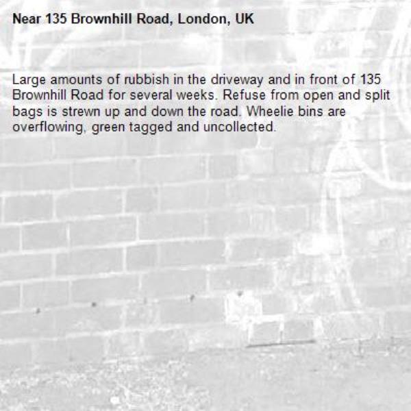 Large amounts of rubbish in the driveway and in front of 135 Brownhill Road for several weeks. Refuse from open and split bags is strewn up and down the road. Wheelie bins are overflowing, green tagged and uncollected.-135 Brownhill Road, London, UK