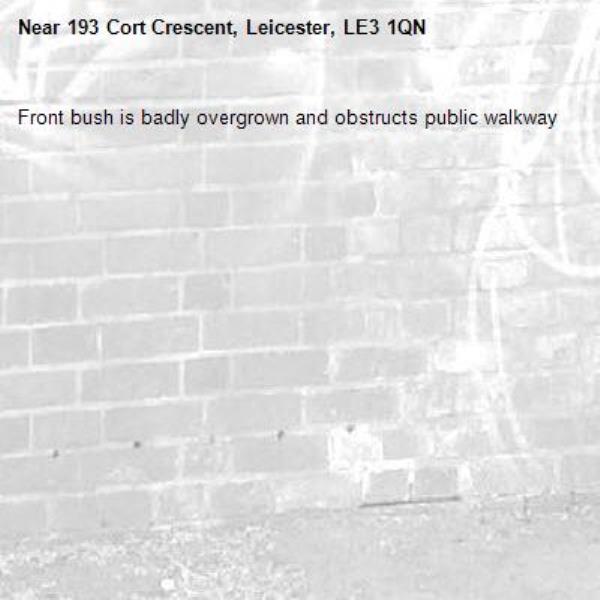 Front bush is badly overgrown and obstructs public walkway-193 Cort Crescent, Leicester, LE3 1QN