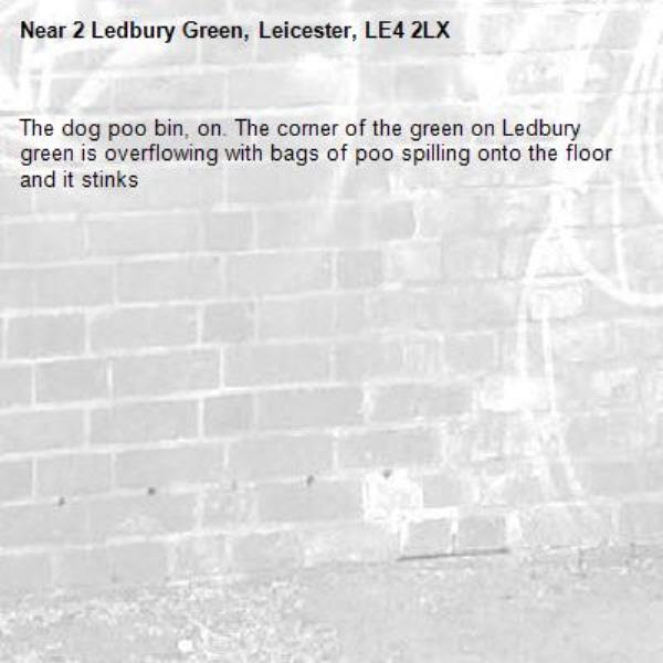 The dog poo bin, on. The corner of the green on Ledbury green is overflowing with bags of poo spilling onto the floor and it stinks-2 Ledbury Green, Leicester, LE4 2LX