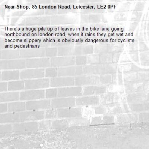 There&#39;s a huge pile up of leaves in the bike lane going northbound on london road, when it rains they get wet and become slippery which is obviously dangerous for cyclists and pedestrians-Shop, 85 London Road, Leicester, LE2 0PF