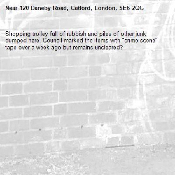 Shopping trolley full of rubbish and piles of other junk dumped here. Council marked the items with "crime scene" tape over a week ago but remains uncleared?-120 Daneby Road, Catford, London, SE6 2QG
