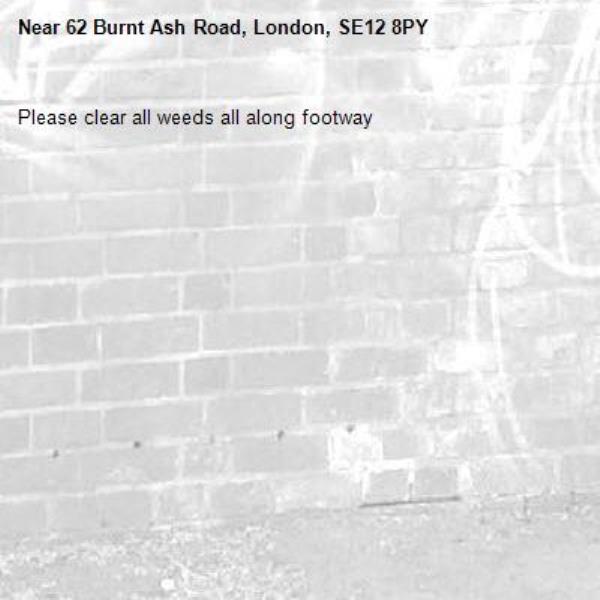 Please clear all weeds all along footway-62 Burnt Ash Road, London, SE12 8PY