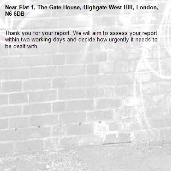 Thank you for your report. We will aim to assess your report within two working days and decide how urgently it needs to be dealt with.-Flat 1, The Gate House, Highgate West Hill, London, N6 6DB