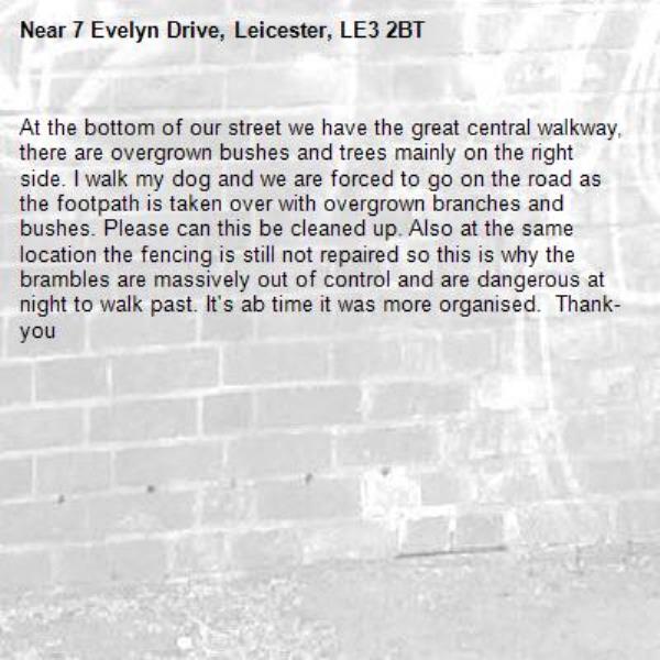 At the bottom of our street we have the great central walkway,  there are overgrown bushes and trees mainly on the right side. I walk my dog and we are forced to go on the road as the footpath is taken over with overgrown branches and bushes. Please can this be cleaned up. Also at the same location the fencing is still not repaired so this is why the brambles are massively out of control and are dangerous at night to walk past. It's ab time it was more organised.  Thank-you -7 Evelyn Drive, Leicester, LE3 2BT