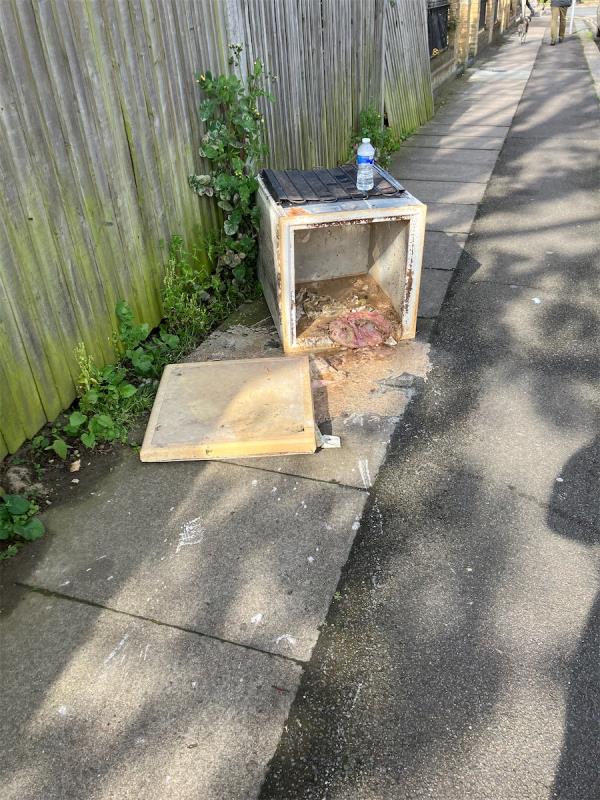 There is a dumped freezer with rotten food contents that smell.-Holbeach Primary School, Nelgarde Road, London, SE6 4TP