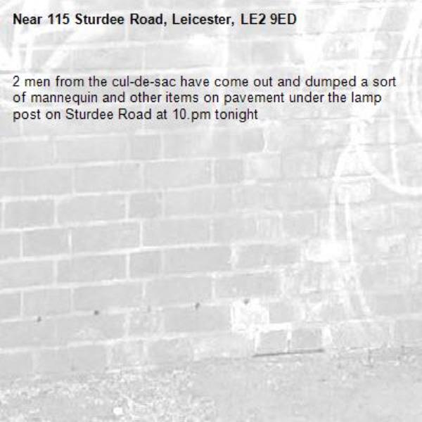 2 men from the cul-de-sac have come out and dumped a sort of mannequin and other items on pavement under the lamp post on Sturdee Road at 10.pm tonight -115 Sturdee Road, Leicester, LE2 9ED
