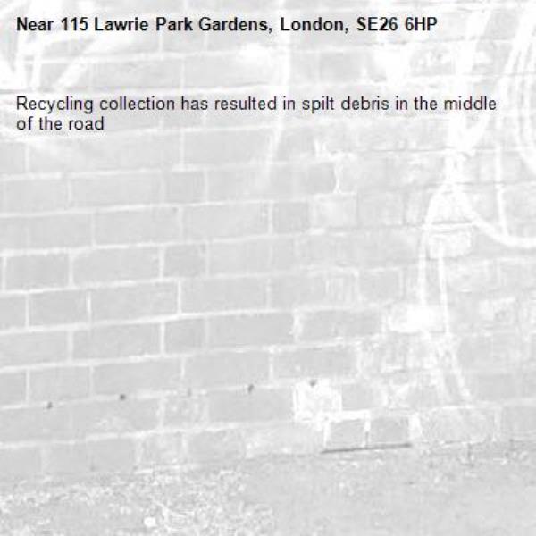 Recycling collection has resulted in spilt debris in the middle of the road-115 Lawrie Park Gardens, London, SE26 6HP