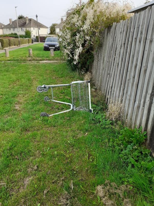 M&S Food Hall trolley abandoned at back of bungalows Simmins Close again.-5 Simmins Crescent, Leicester, LE2 9AG