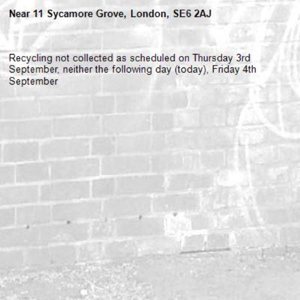 Recycling not collected as scheduled on Thursday 3rd September, neither the following day (today), Friday 4th September -11 Sycamore Grove, London, SE6 2AJ