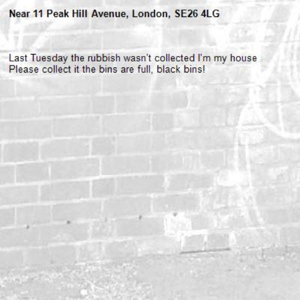 Last Tuesday the rubbish wasn’t collected I’m my house
Please collect it the bins are full, black bins!-11 Peak Hill Avenue, London, SE26 4LG