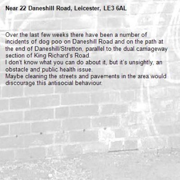 Over the last few weeks there have been a number of incidents of dog poo on Daneshill Road and on the path at the end of Daneshill/Stretton, parallel to the dual carriageway section of King Richard’s Road.
I don’t know what you can do about it, but it’s unsightly, an obstacle and public health issue.
Maybe cleaning the streets and pavements in the area would discourage this antisocial behaviour.-22 Daneshill Road, Leicester, LE3 6AL