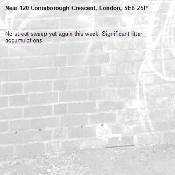 No street sweep yet again this week. Significant litter accumulations -120 Conisborough Crescent, London, SE6 2SP