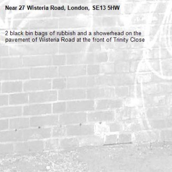 2 black bin bags of rubbish and a showerhead on the pavement of Wisteria Road at the front of Trinity Close-27 Wisteria Road, London, SE13 5HW