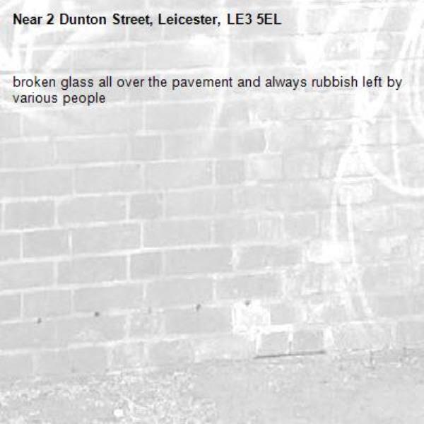 broken glass all over the pavement and always rubbish left by various people-2 Dunton Street, Leicester, LE3 5EL