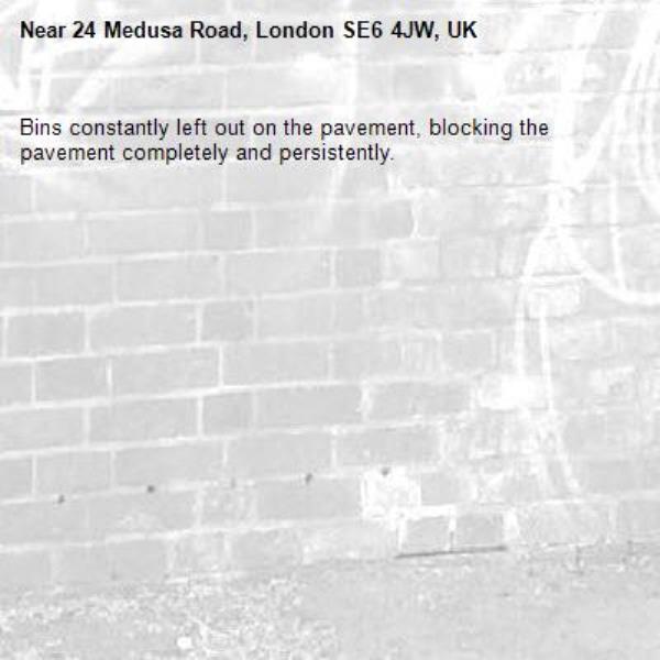 Bins constantly left out on the pavement, blocking the pavement completely and persistently. -24 Medusa Road, London SE6 4JW, UK