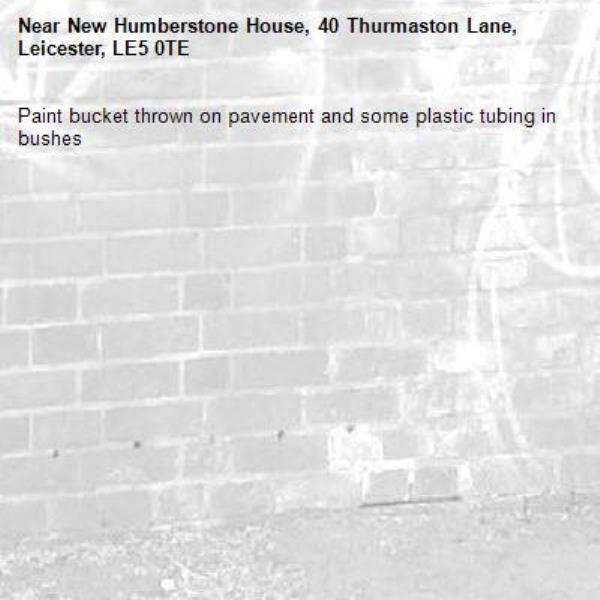 Paint bucket thrown on pavement and some plastic tubing in bushes-New Humberstone House, 40 Thurmaston Lane, Leicester, LE5 0TE