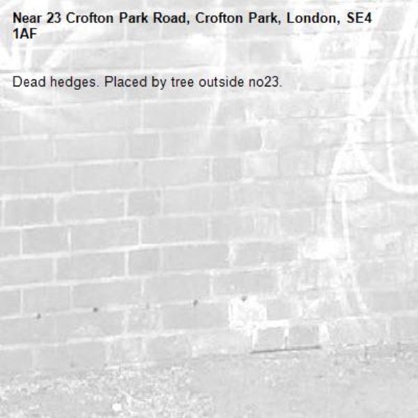 Dead hedges. Placed by tree outside no23.-23 Crofton Park Road, Crofton Park, London, SE4 1AF