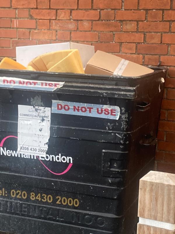 Business bins always overflowing, messing up the surrounding streets as rubbish blows everywhere. Bins say do not use but are full. They need moving from this public walkway -169 Forest Lane, London, E7 9BB