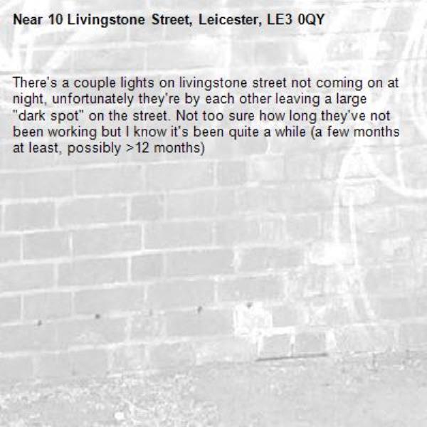 There's a couple lights on livingstone street not coming on at night, unfortunately they're by each other leaving a large "dark spot" on the street. Not too sure how long they've not been working but I know it's been quite a while (a few months at least, possibly >12 months) -10 Livingstone Street, Leicester, LE3 0QY