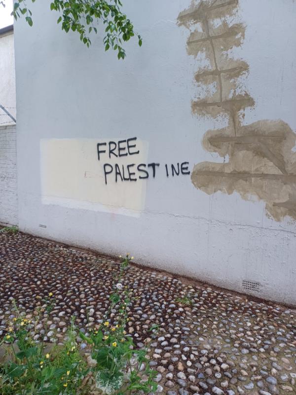 FREE PALESTINE - HATE CRIME GRAFFITI  please remove off side of property -66 Ham Park Road, Stratford, London, E15 4HE
