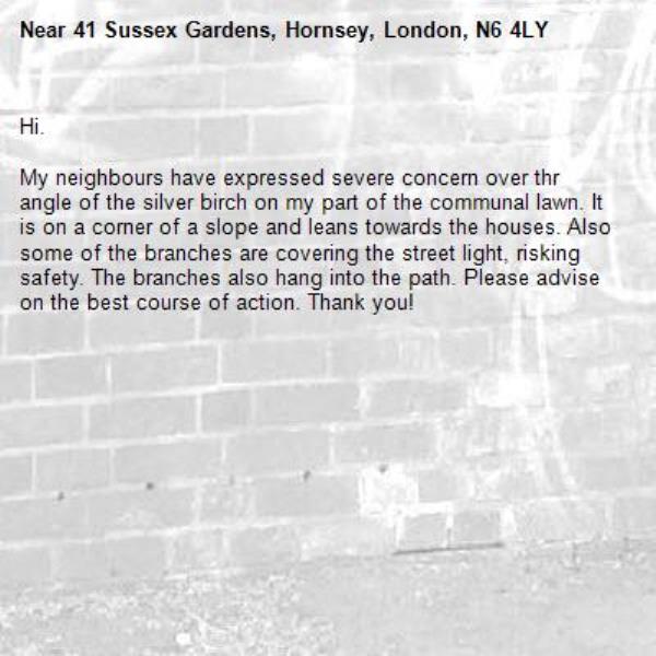 Hi.

My neighbours have expressed severe concern over thr angle of the silver birch on my part of the communal lawn. It is on a corner of a slope and leans towards the houses. Also some of the branches are covering the street light, risking safety. The branches also hang into the path. Please advise on the best course of action. Thank you!-41 Sussex Gardens, Hornsey, London, N6 4LY