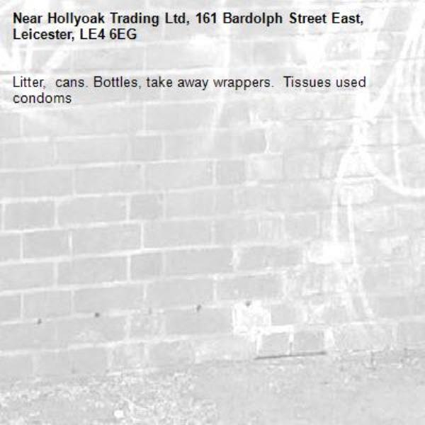 Litter,  cans. Bottles, take away wrappers.  Tissues used condoms 
-Hollyoak Trading Ltd, 161 Bardolph Street East, Leicester, LE4 6EG