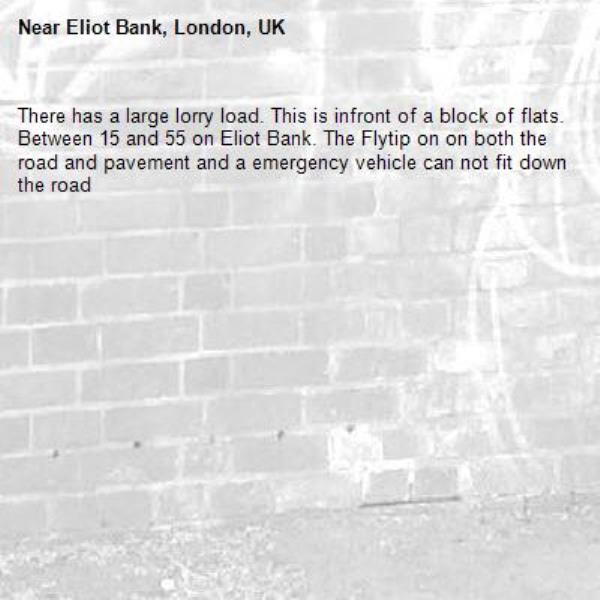 There has a large lorry load. This is infront of a block of flats. Between 15 and 55 on Eliot Bank. The Flytip on on both the road and pavement and a emergency vehicle can not fit down the road-Eliot Bank, London, UK