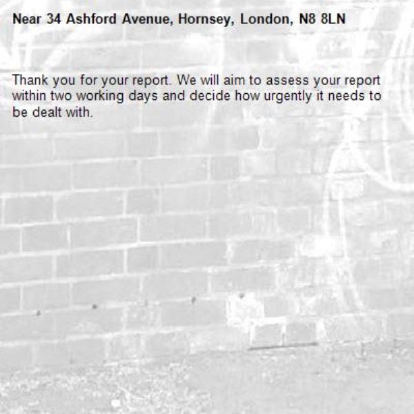 Thank you for your report. We will aim to assess your report within two working days and decide how urgently it needs to be dealt with.-34 Ashford Avenue, Hornsey, London, N8 8LN