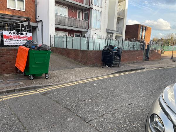 Hi there, this building never keep their big to the allocated space. They are always on the footpath. I have asked them many time but no one bothers. When it’s windy, the bins tip over and the rubbish is always all over. 
This should be addressed ASAP and building people should be issued with notice to keep their bin inside. -102 Snowshill Road, Manor Park, London, E12 6BB