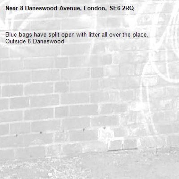 Blue bags have split open with litter all over the place. Outside 8 Daneswood -8 Daneswood Avenue, London, SE6 2RQ