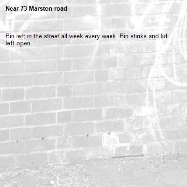 Bin left in the street all week every week. Bin stinks and lid left open.-73 Marston road