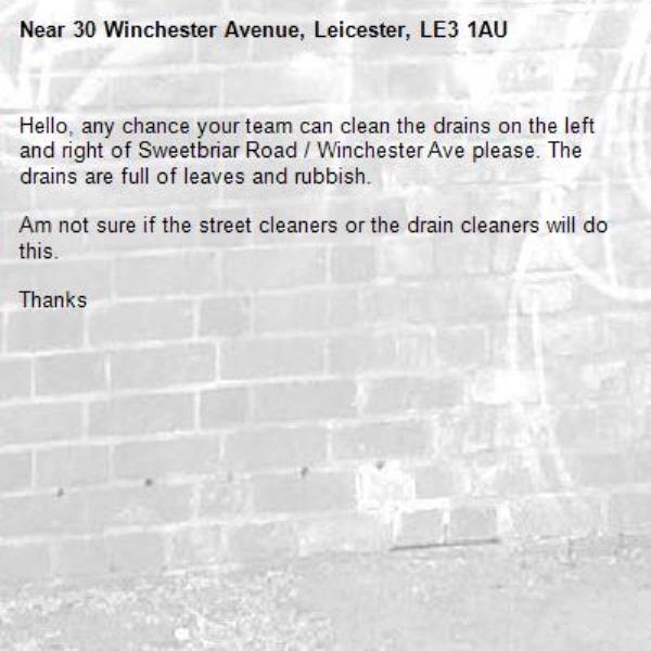Hello, any chance your team can clean the drains on the left and right of Sweetbriar Road / Winchester Ave please. The drains are full of leaves and rubbish. 

Am not sure if the street cleaners or the drain cleaners will do this.

Thanks-30 Winchester Avenue, Leicester, LE3 1AU