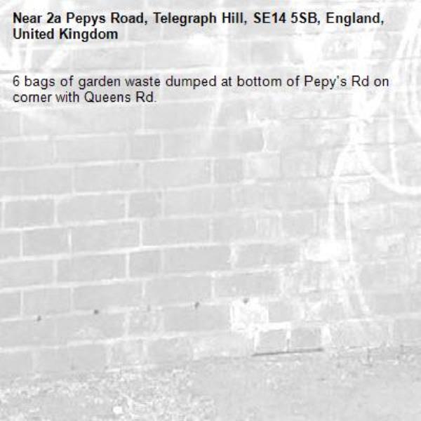 6 bags of garden waste dumped at bottom of Pepy's Rd on corner with Queens Rd.
-2a Pepys Road, Telegraph Hill, SE14 5SB, England, United Kingdom