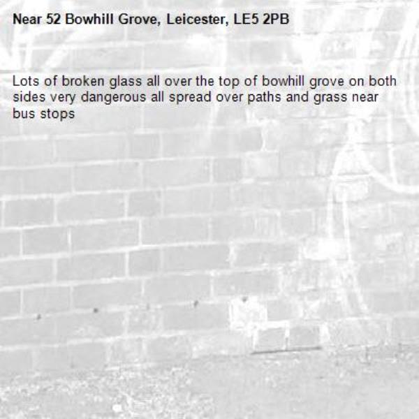 Lots of broken glass all over the top of bowhill grove on both sides very dangerous all spread over paths and grass near bus stops -52 Bowhill Grove, Leicester, LE5 2PB