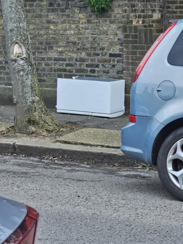 An hour after you cleared the previous fly tip here, some one has fly tipped a fridge on the pavement -16 St Johns Terrace, Forest Gate, London, E7 8BX