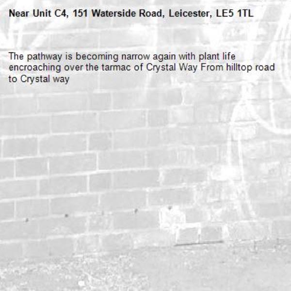 The pathway is becoming narrow again with plant life encroaching over the tarmac of Crystal Way From hilltop road to Crystal way-Unit C4, 151 Waterside Road, Leicester, LE5 1TL