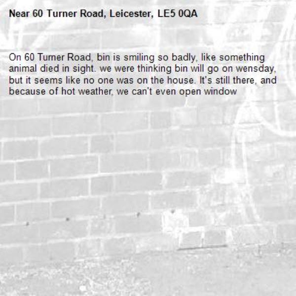 On 60 Turner Road, bin is smiling so badly, like something animal died in sight. we were thinking bin will go on wensday, but it seems like no one was on the house. It's still there, and because of hot weather, we can't even open window -60 Turner Road, Leicester, LE5 0QA