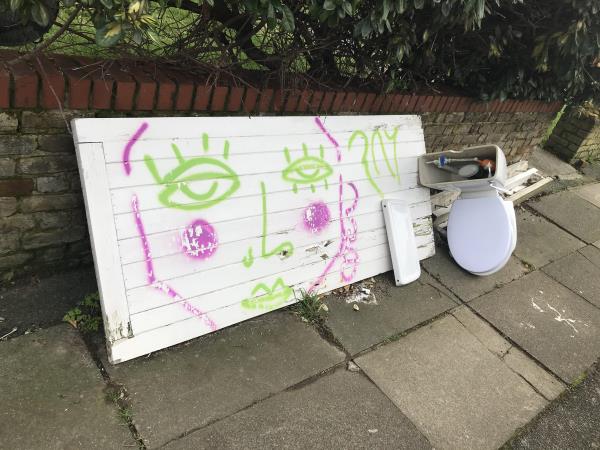 Wooden panel/door and pieces of wood have been there around 2 months and have now been joined by a toilet on the pavement. Please arrange for removal. -143 Wellmeadow Road, Hither Green, SE6 1HP, England, United Kingdom
