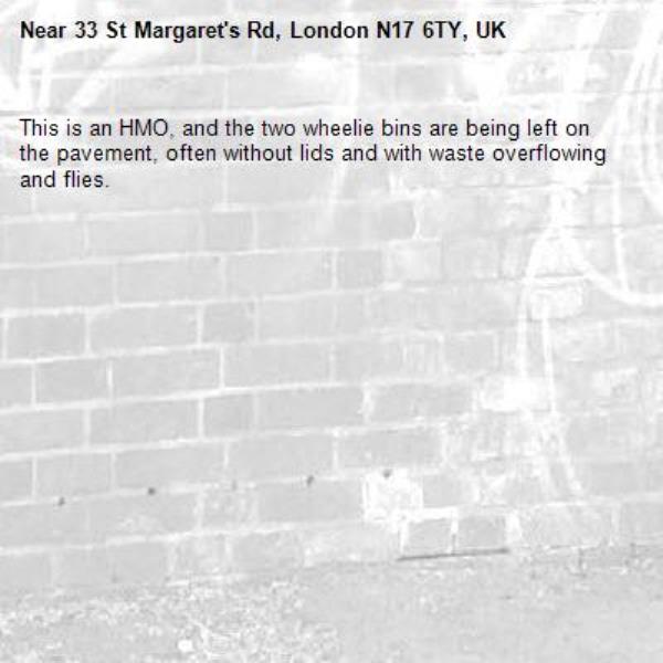 This is an HMO, and the two wheelie bins are being left on the pavement, often without lids and with waste overflowing and flies.-33 St Margaret&#39;s Rd, London N17 6TY, UK