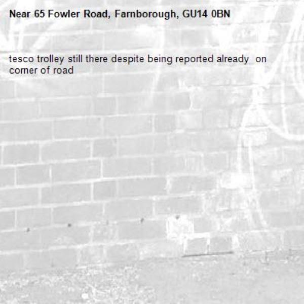 tesco trolley still there despite being reported already  on corner of road-65 Fowler Road, Farnborough, GU14 0BN